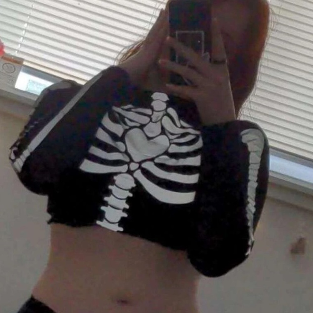 Reflective Skeleton Bones Heart Black Sheer Mesh Long Sleeve Cropped Shirt Top - Picture 6 of 12